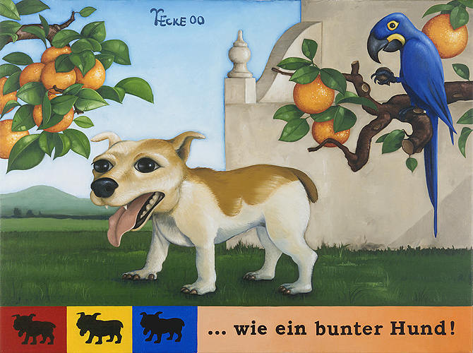 bunter hund known all over the places dog blau ara vogel jack russell terrier pun sprichwort art painting hardy ecke 