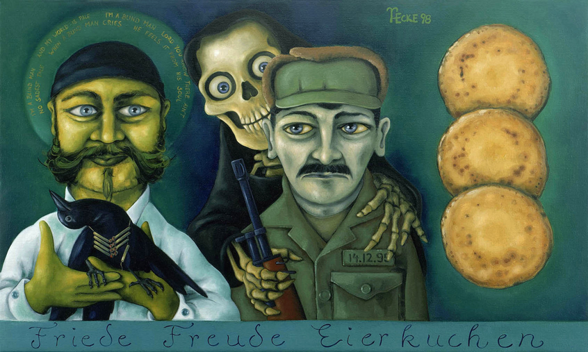 friede freude eierkuchen peace happiness pancakes balkan krieg crows deep purple blind man waffen friedensvertrag weapons peace treaty art painting hardy ecke 