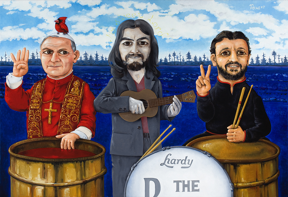 the beatles fab four george harrison ringo starr john lennon paul mccartney johannes paul cardinal papst kirche les paul guitar gitarre act naturally newfoundland peace art painting hardy ecke 