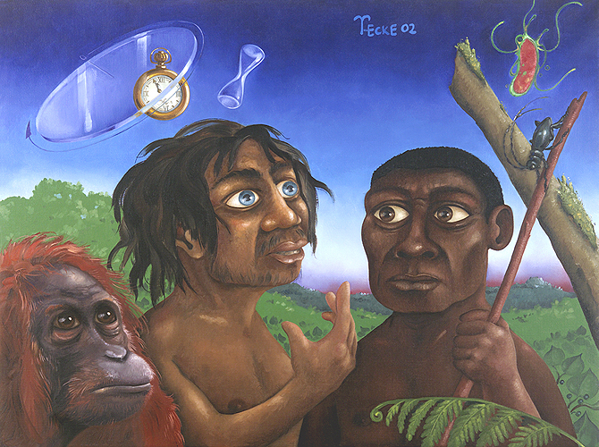 zeit urzeit prehistoric neandertaler australopithecus afarensis orang utan hour glass eieruhr geschichte evolution mensch welt entwicklung art painting hardy ecke 