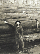 Holzfäller vor Riesenlebensbaum Western Red Cedar 